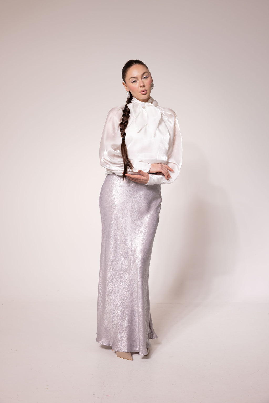 Silver Metallic Textured Satin Skirt