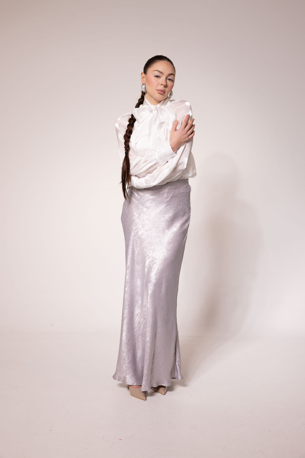 Silver Metallic Textured Satin Skirt