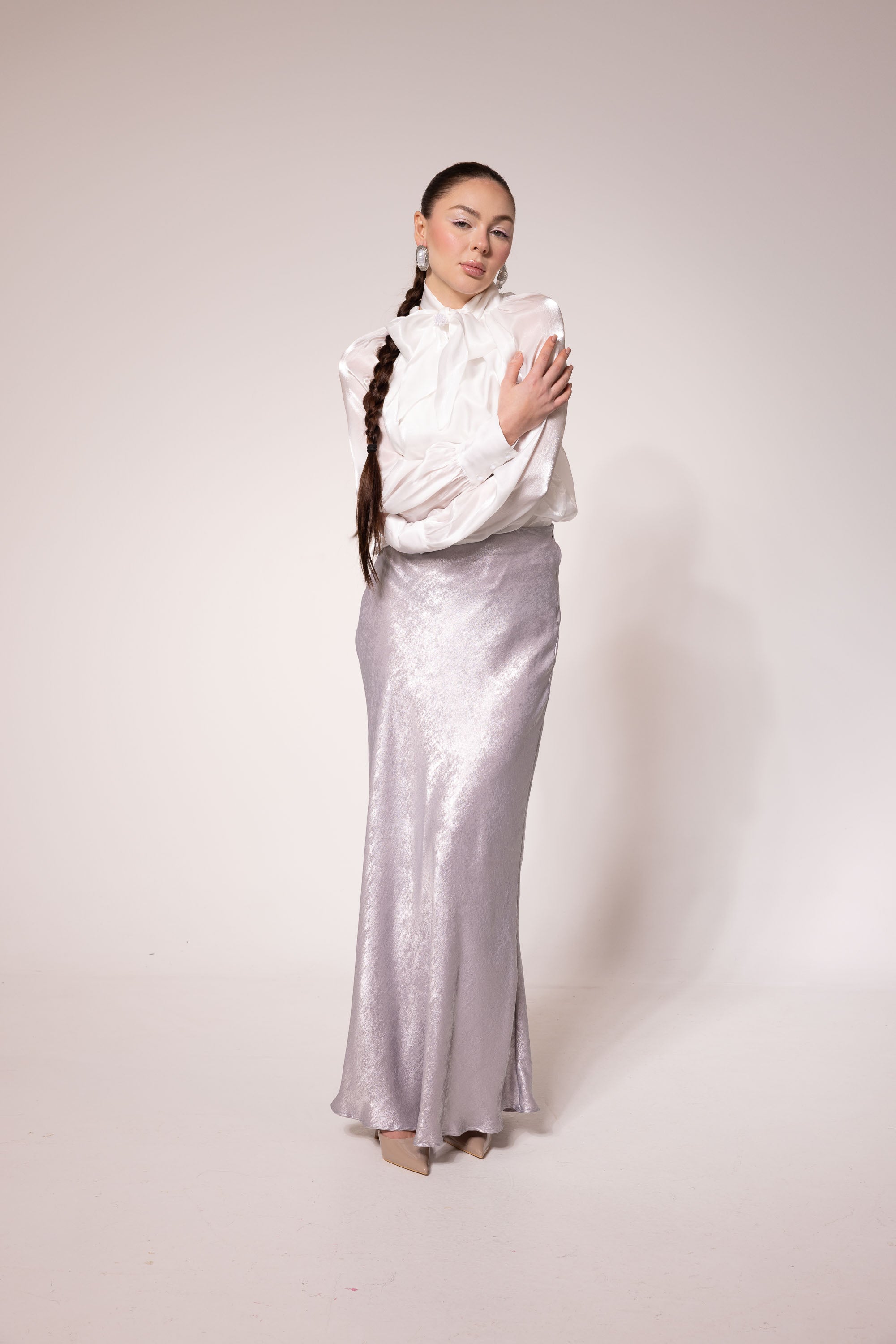 Silver Metallic Textured Satin Skirt