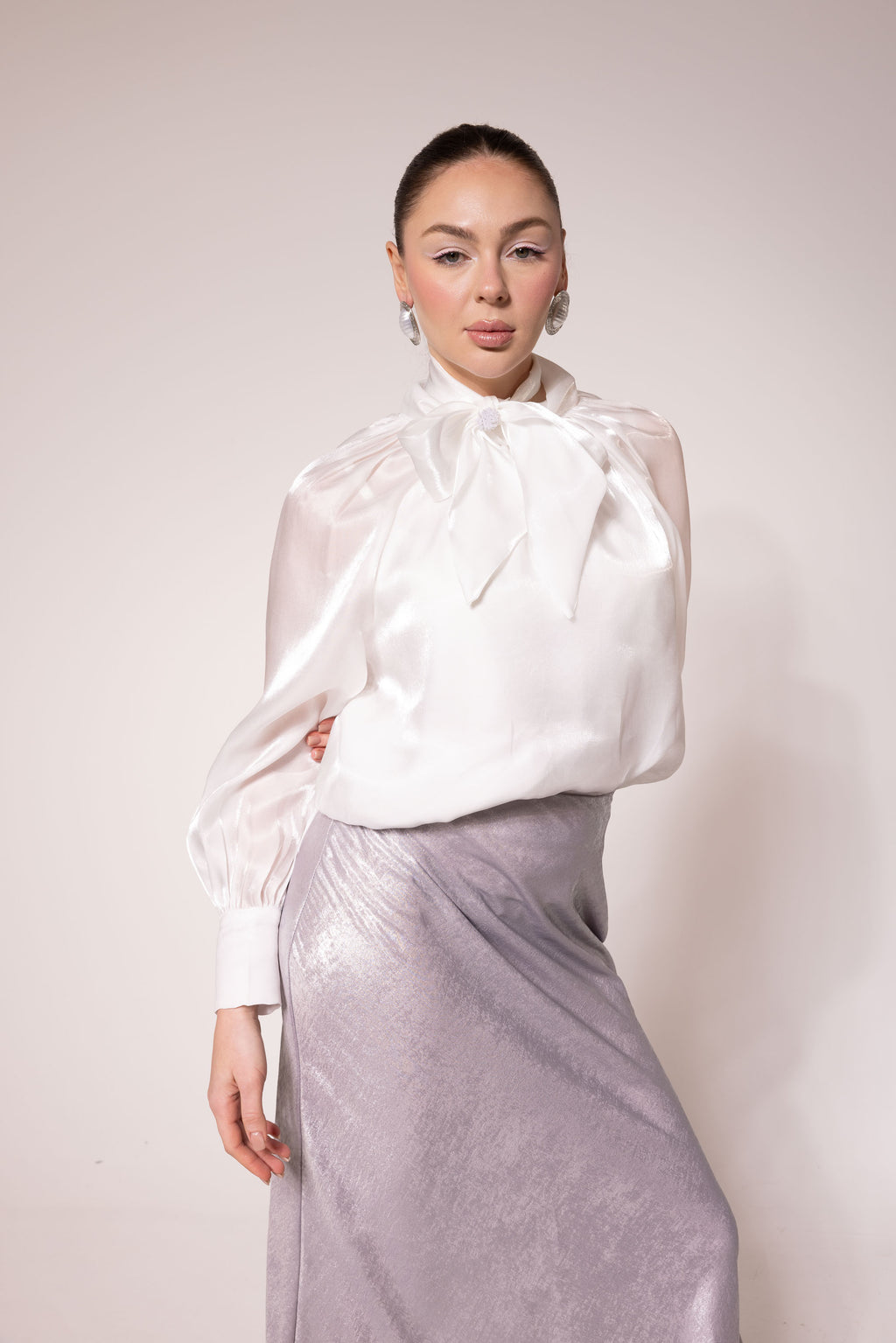 Silver Metallic Textured Satin Skirt